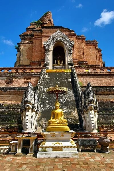 Gold Buddha statue at Chedi at Wat Chedi Luang Temple in Chiang Mai, Thailand