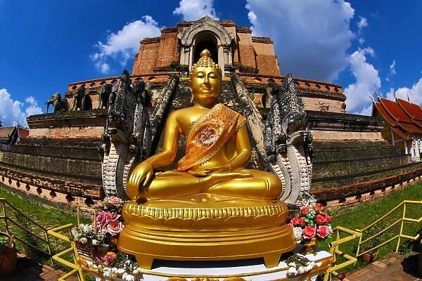 Gold Buddha statue at Wat Chedi Luang Temple in Chiang Mai, Thailand