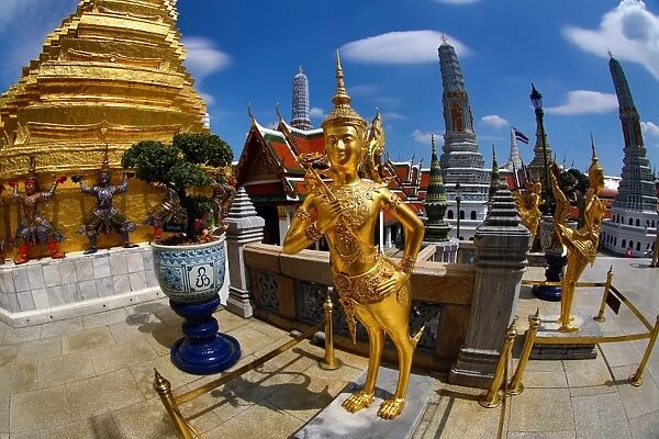 Gold Kinnara Statue at Wat Phra Kaew Temple complex of the Temple of the Emerald Buddha in Bangkok, Thailand