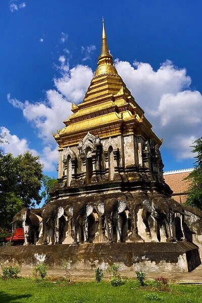 Gold topped elephant chedi at Wat Chiang Man Temple in Chiang Mai, Thailand