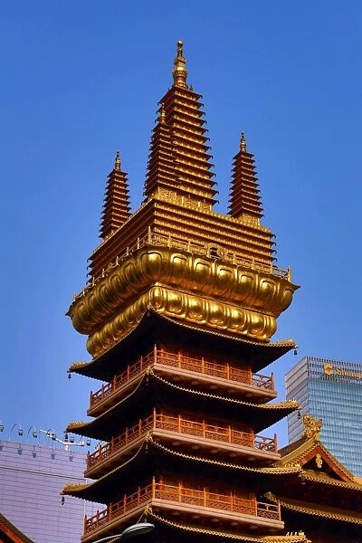 Gold tower on the Jing an Buddhist Temple on West Nanjing Road, Shanghai, China