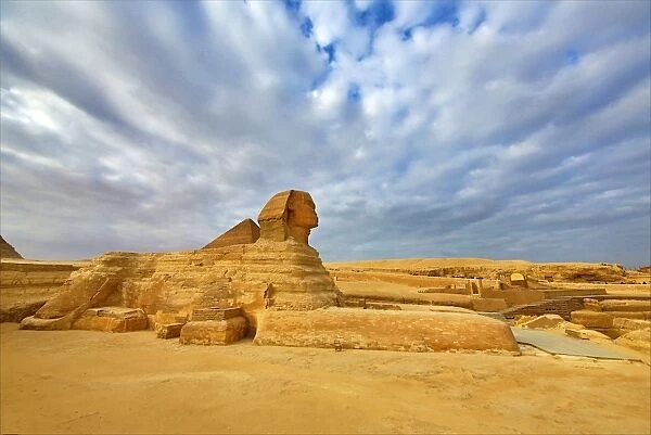The Great Sphinx statue and the Pyramid of Khafre on the Giza Plateau, Cairo, Egypt