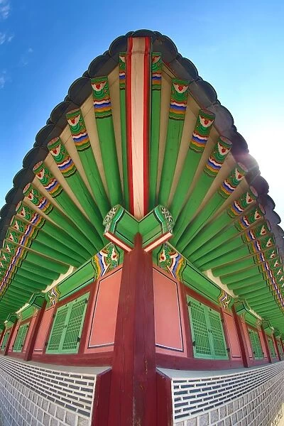 Green wooden roof at Gyeongbokgung Palace in Seoul, Korea