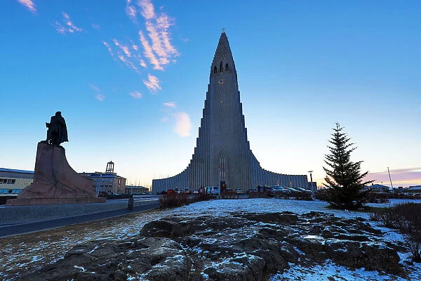 Hallgrimskirkja church at sunrise in Reykjavik, Iceland