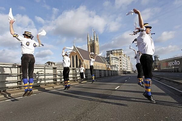 Hammersmith Morris dancing over Hammersmith Flyover, London