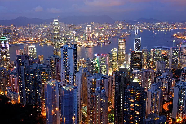 Hong Kong Skyline. View of the lights and illuminations of tall buildings