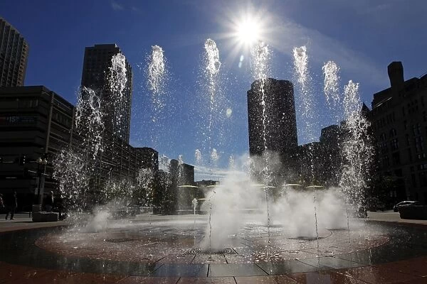 Jets of water at Rings Fountain in the Wharf District of Boston