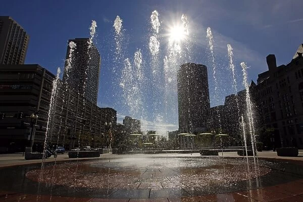 Jets of water at Rings Fountain in the Wharf District of Boston