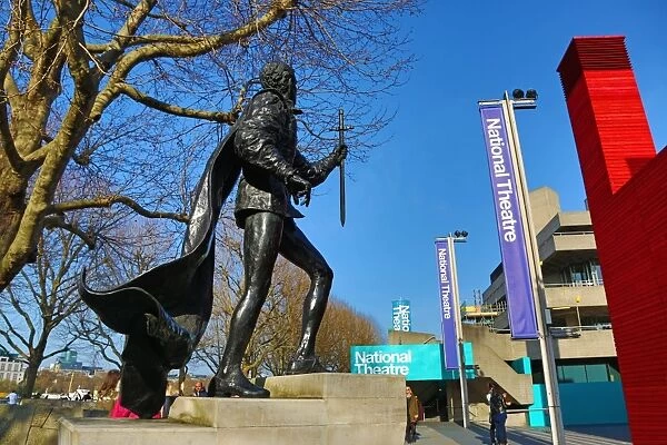 Laurence Olivier statue and National Theatre on the South Bank in London, England
