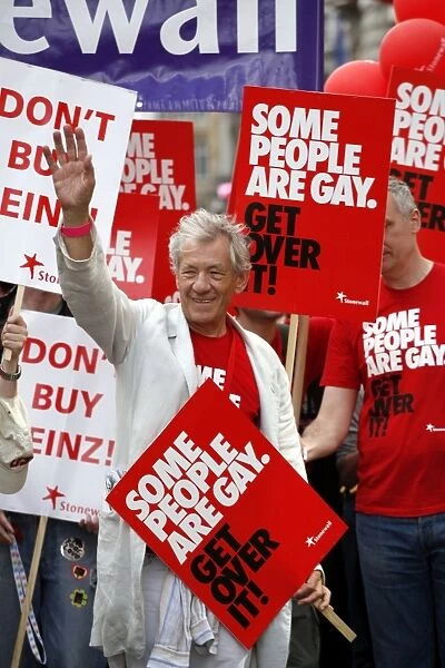 London Pride. Sir Ian McKellen marching with Stonewall at Gay Pride Parade London