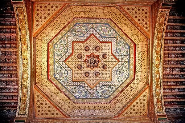 Marrakech, Morocco. Ceiling decoration in the Palais Bahia, Marrakech, Morocco