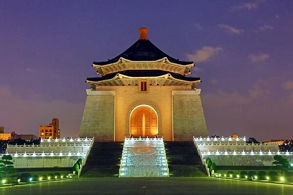 The National Chiang Kai Shek Memorial Hall illuminated at night in Taipei, Taiwan