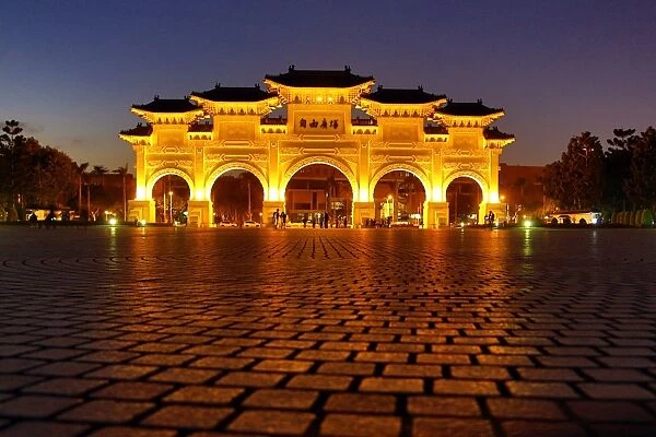 The National Chiang Kai Shek Memorial Hall Main Gate illuminated at night in Taipei
