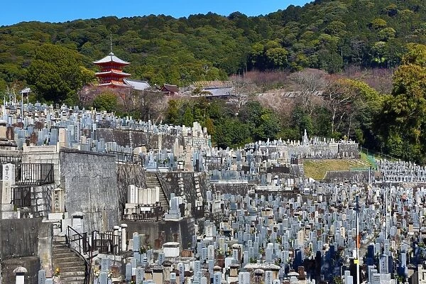 Nishi Otani cemetery and pagoda from Kiyomizu-dera Temple in Kyoto, Japan