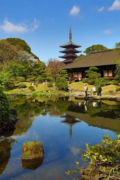 Pagoda and Japanese ornamental garden at Sensoji Asakusa Kannon Temple, Tokyo, Japan
