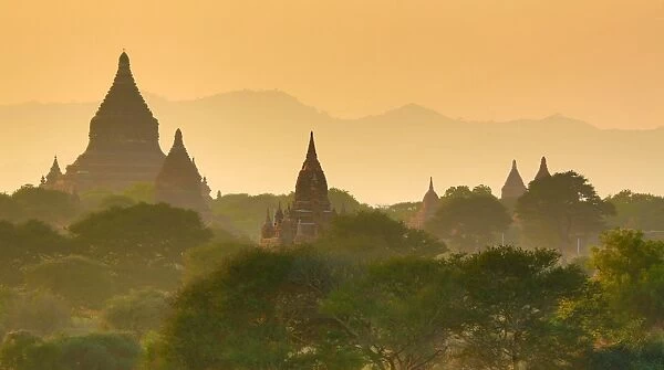 Pagodas at sunset on the Central Plain of Bagan, Myanmar (Burma)