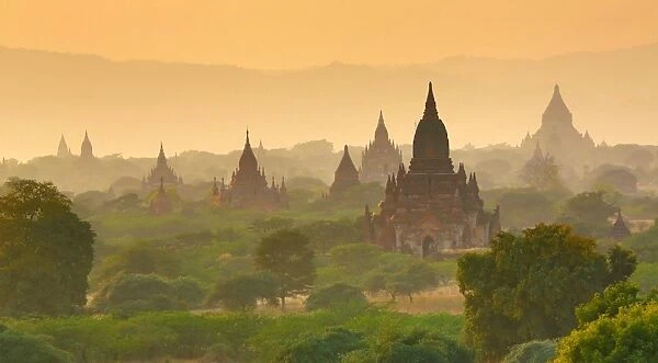 Pagodas at sunset on the Central Plain of Bagan, Myanmar