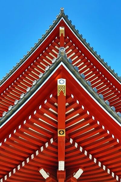 Painted wooden roof beams at Asakusa Jinja Shinto Shrine, Tokyo, Japan