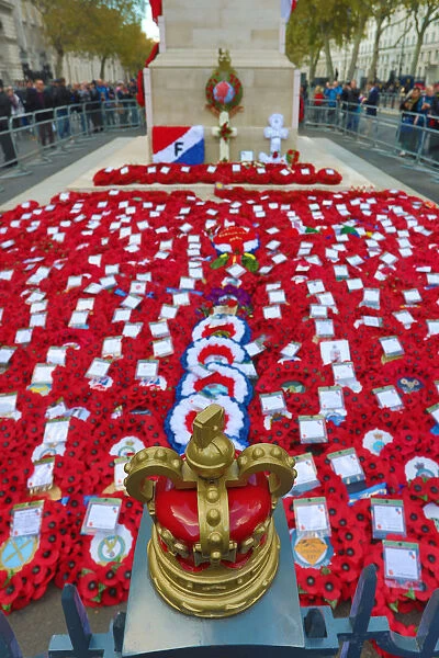Poppy Wreaths around the Cenotaph on Remembrance Sunday, Whitehall, London
