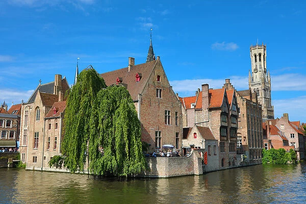 Quay of the Rosary or Rozenhoedkaai and the Belfry Tower, Bruges, Belgium