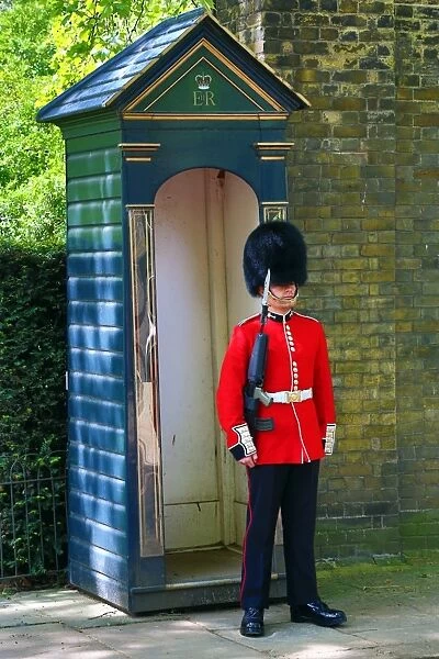 Queens Guard wearing busby guarding St James Palace, London, England