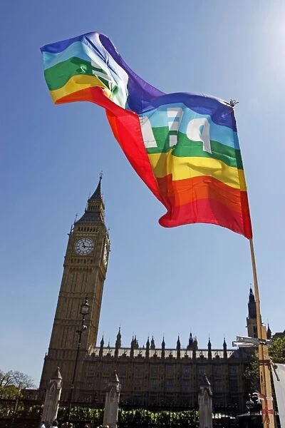 Rainbow flag over Parliament, London, England