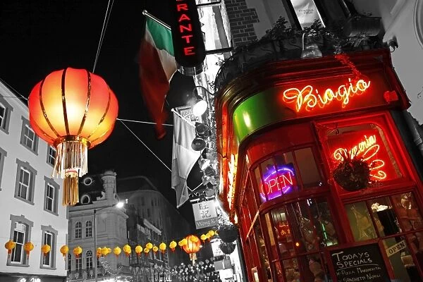 Red Chinese Lanterns and lights in Chinatown, London, spot colour