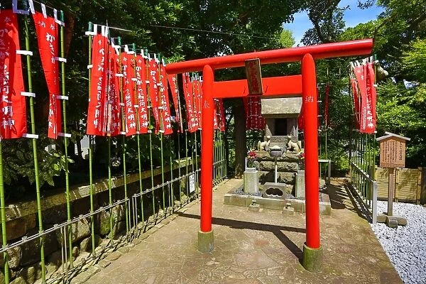 Red Torii Gate at Hase-dera Buddhist Temple in Kamakura near Tokyo, Japan