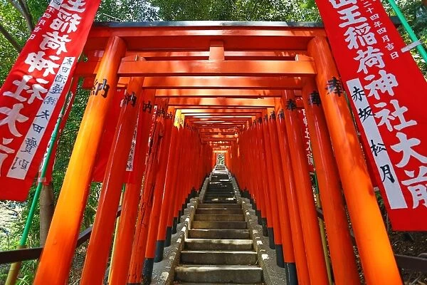 Red Torii gates and steps to the entrance to the Hie-Jinja Shinto Shrine in Tokyo, Japan