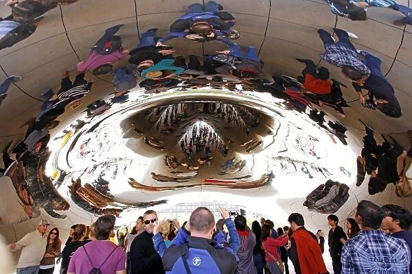 Reflections in the Cloud Gate Sculpture, Chicago, Illinois, America