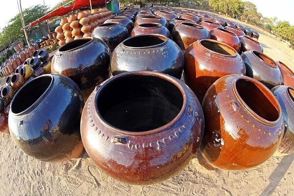 Rows of pots on sale at the market in Old Bagan, Bagan, Myanmar (Burma)