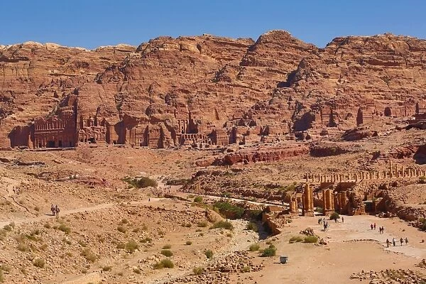 The Royal Tombs and central valley in the rock city of Petra, Jordan