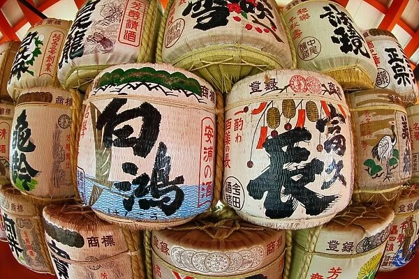 Sake barrels at Itsukushima Shinto Shrine on Miyajima Island, Hiroshima, Japan