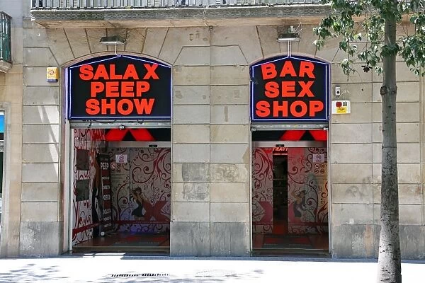 Sex shop doorway and sign on La Rambla, Barcelona, Spain
