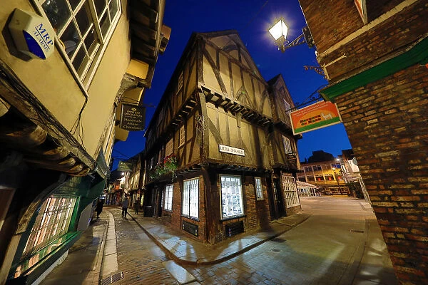 Shambles and Little Shambles street scene with Tudor style buildings in York, Yorkshire