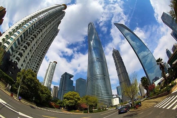 The Shanghai World Financial Center skyscraper building, the Shanghai Central Tower and the Jin Mao Tower in Luijiazui, Pudong, Shanghai, China