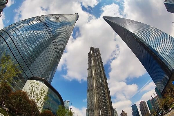 The Shanghai World Financial Center skyscraper building, the Shanghai Central Tower and the Jin Mao Tower in Luijiazui, Pudong, Shanghai, China