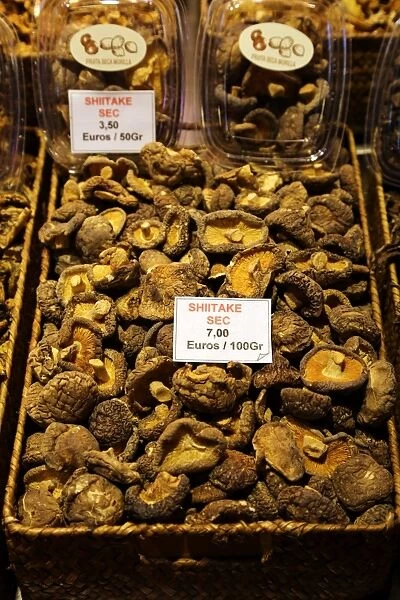 Shitake mushrooms on a vegetable stall at La Boqueria market de St Josep, Barcelona, Spain