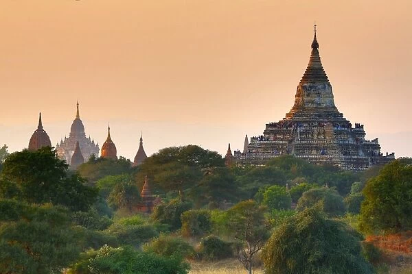 Shwesandaw Pagoda and Temples and pagodas at sunset on the Central Plain of Bagan