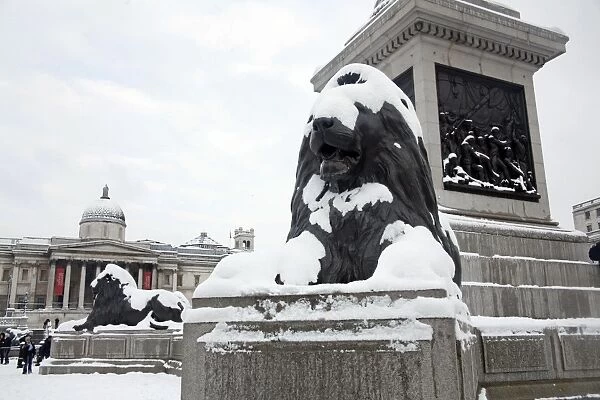 Snow in London. The National Gallery and Lion Statue in Trafalgar Square