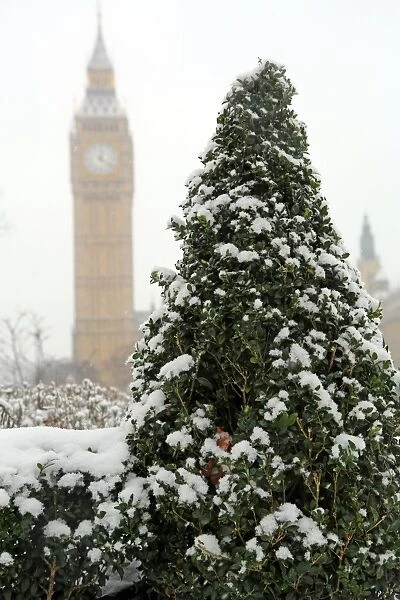 Snow in Parliament Sqaure, the Houses of Parliament and Big Ben, London