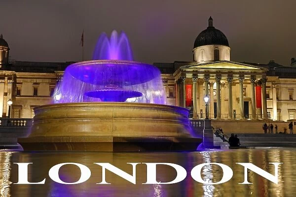 Souvenir of illuminated fountains in Trafalgar Square, London, England