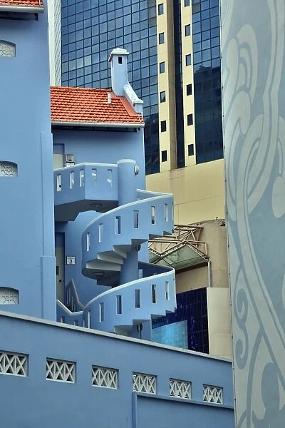 Spiral staircase on a blue house in Chinatown in Singapore, Republic of Singapore