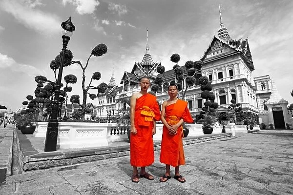 Spot colour Buddhist Monks at the Grand Palace, Wat Phra Kaew, Bangkok, Thailand
