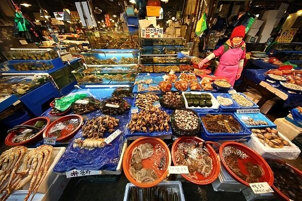 Stalls at Noryangjin Fish and Seafood Market in Seoul, Korea