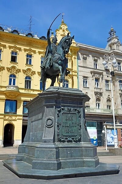 Statue of Ban Jelacic riding a horse in Ban Jelacic Square in Zagreb, Croatia