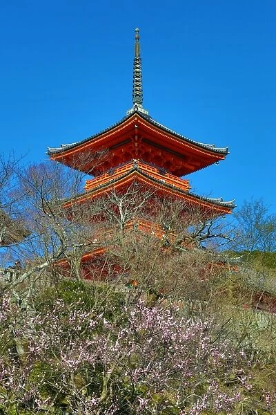 Three storey orange pagoda at Kiyomizu-dera Temple in Kyoto, Japan