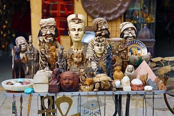 Street scene with shops selling tourist souvenirs in Cairo, Egypt