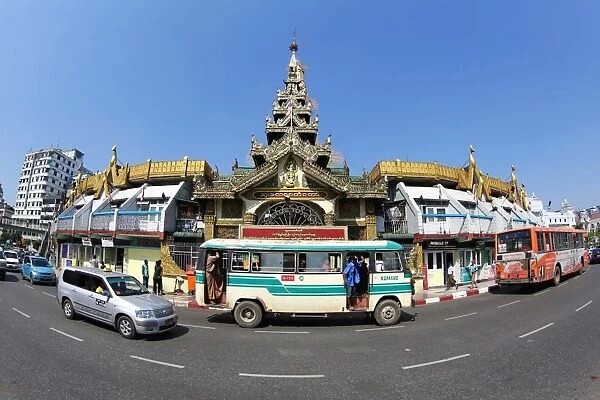 Street scene with traffic and the Sule Pagoda, Yangon, Myanmar