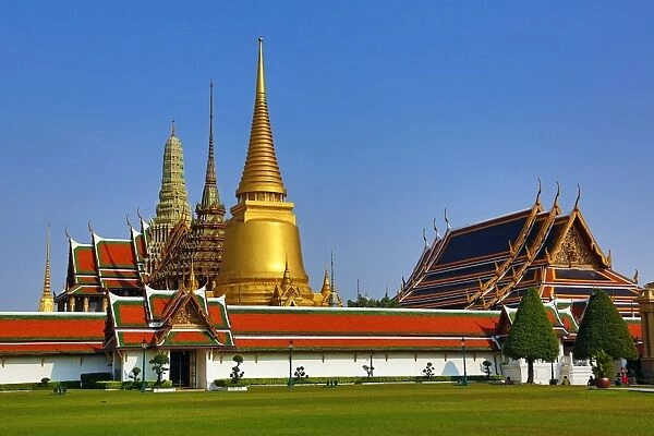 Stupas and chedis at Wat Phra Kaew Royal Palace complex in Bangkok, Thailand